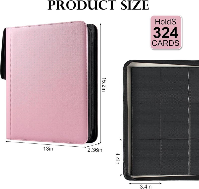 GEAoffice 9 Pockets Top Loader Binder Holds 324 Cards, Premium PU Leather Trading Card Binder for Toploader, Side Loading Zipper Card Binder Top Loader for 3"×4" Rigid, MTG, TCG, Waterproof, Pink - Image 4
